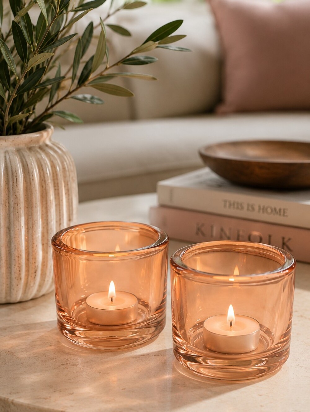 Vintage Amber Peach  Glass Votive Candle Holders Set of 2 MCM Style